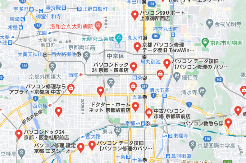 京都のパソコン修理業者の地図