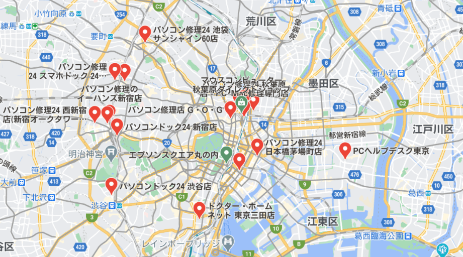 東京のパソコン修理業者の地図