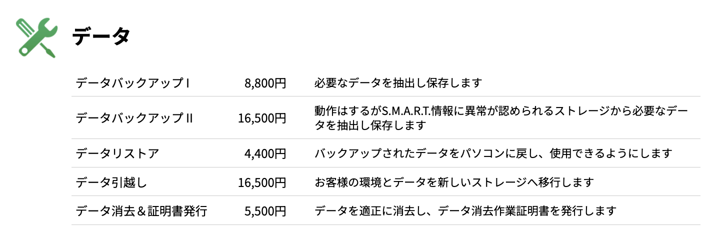 「パソコンドック24」の作業料金の一部