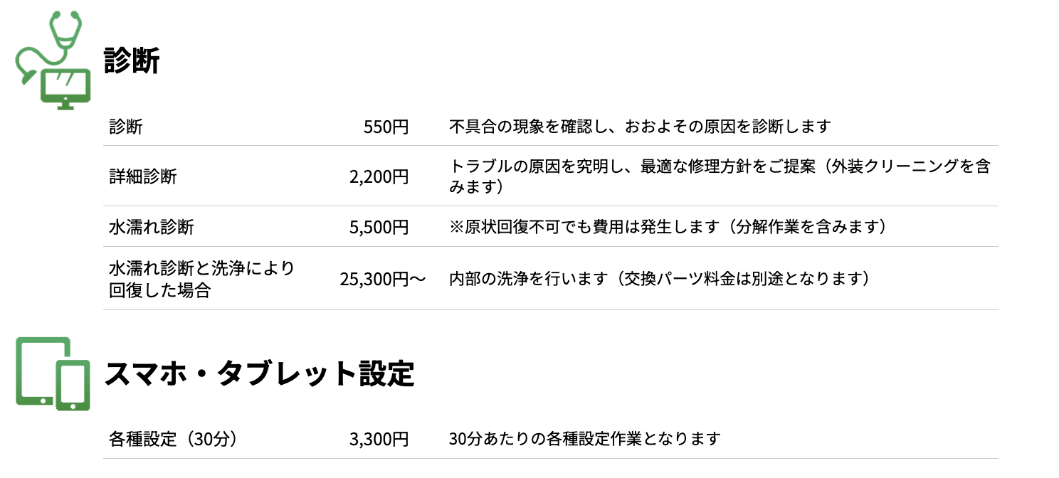 ▼「パソコンドック24 新宿店」の作業料金の一部